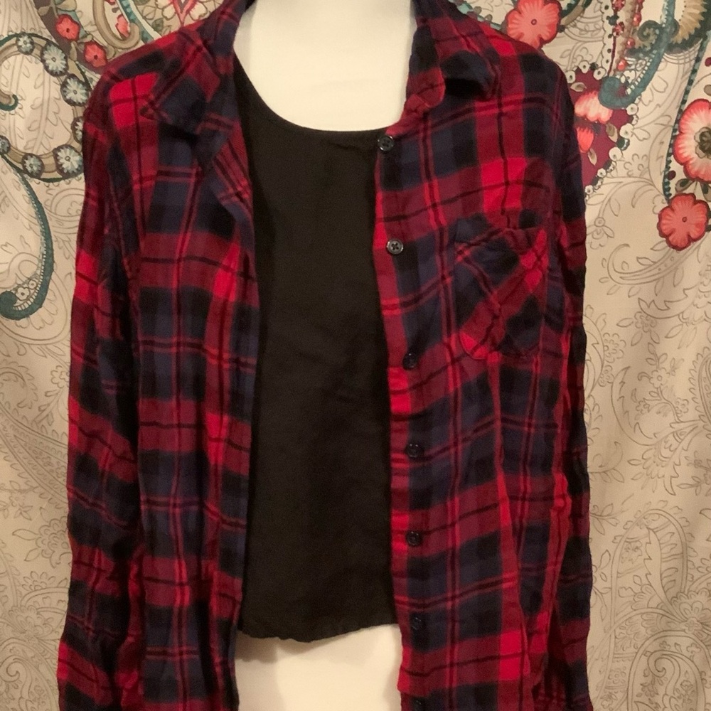 Pink Rose Size L Flannel Buffalo Check Red Blue Black Grunge fall autumn